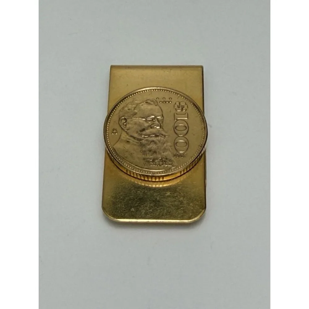 Vintage Gold Tone Mexico 100 Pesos Coin Money Clip 1987 Classic Design